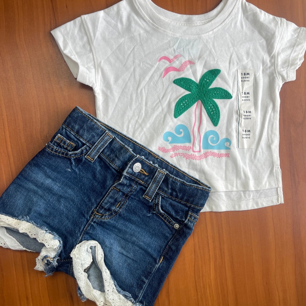 Cat & Jack Baby Girls 18M Palm Tree Graphic Tee and Lace Trim Denim Shorts Set